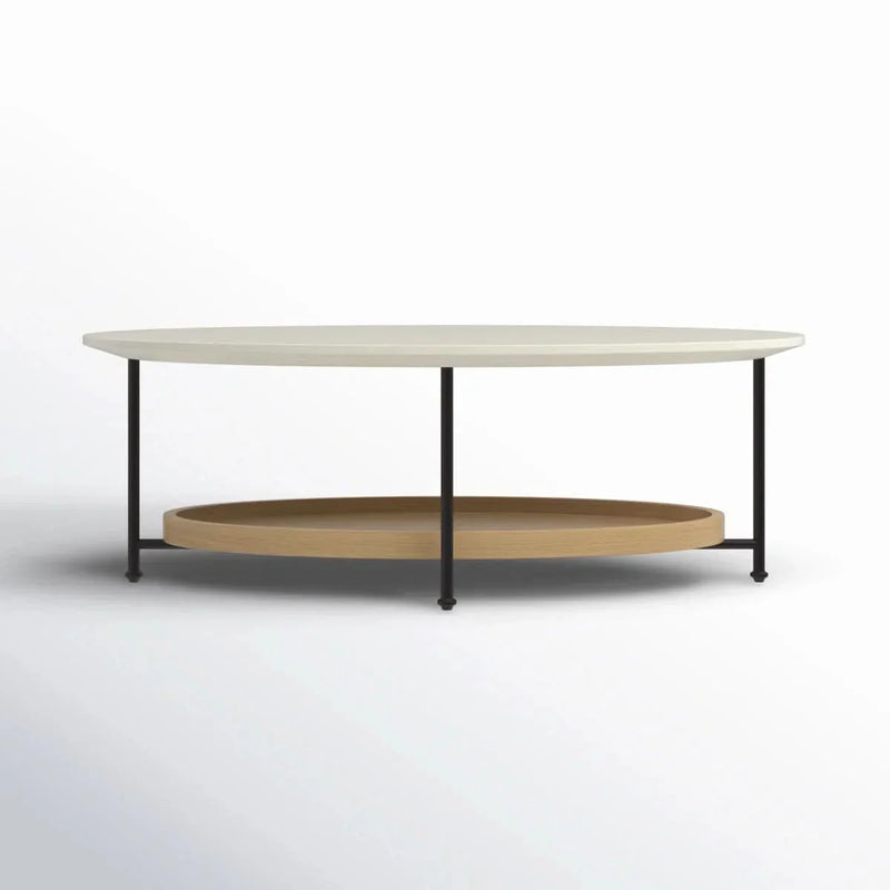 Oval Coffee Table with Lower Tray Shelf, White & Natural Wood Finish, Metal Frame