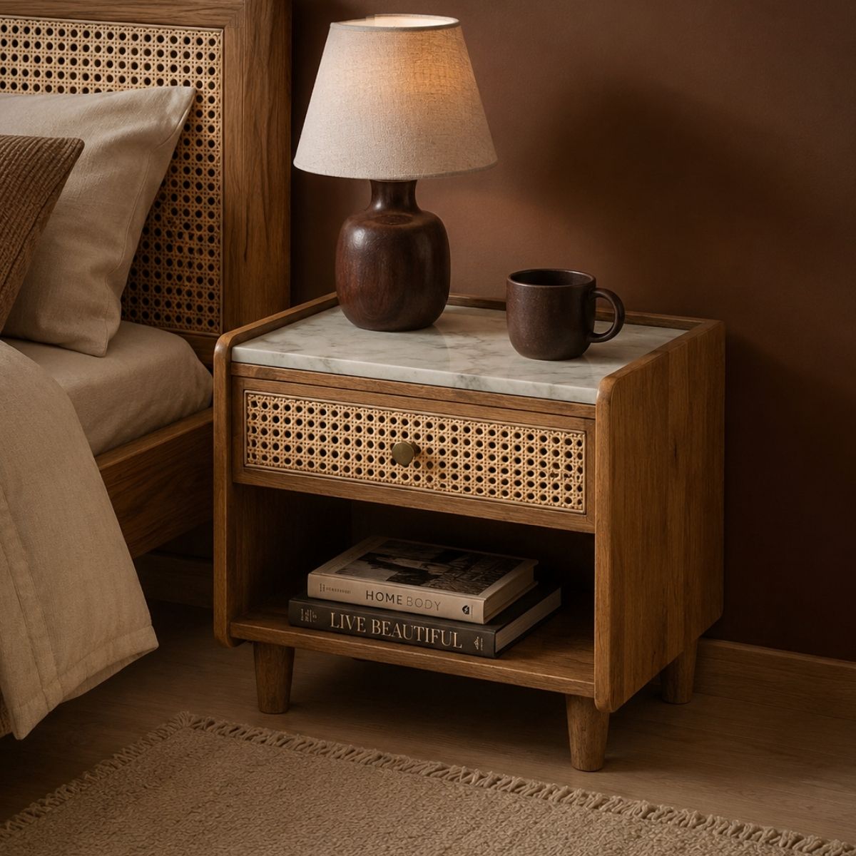 Amayah Marble Top Bedside Table - Bedsides - Gharaana