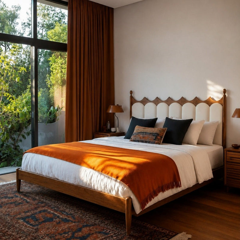 Ellora 100% Solid Wood Upholstered Bed - Beds - Gharaana