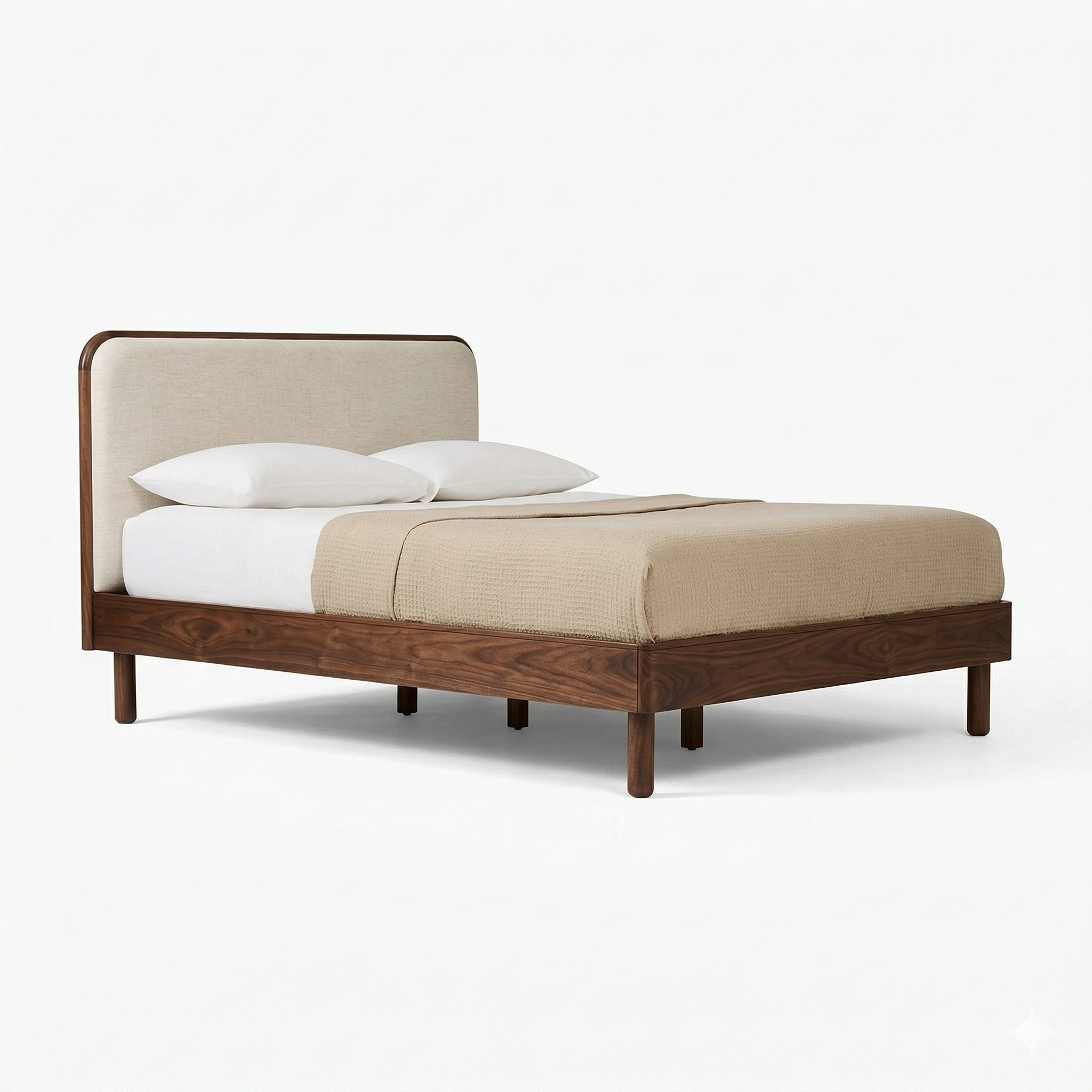 Bed with wooden frame and beige upholstered headboard on a white background