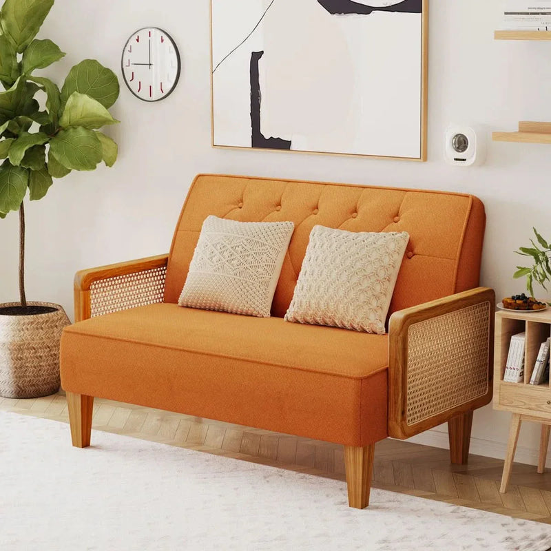 Modern Coastal  Loveseat – Linen Fabric Sofa with Rattan Arms