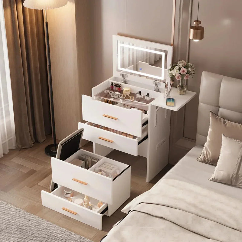 3-in-1 Vanity Set with Glass Top, Power Outlet for Bedroom/Living Room,