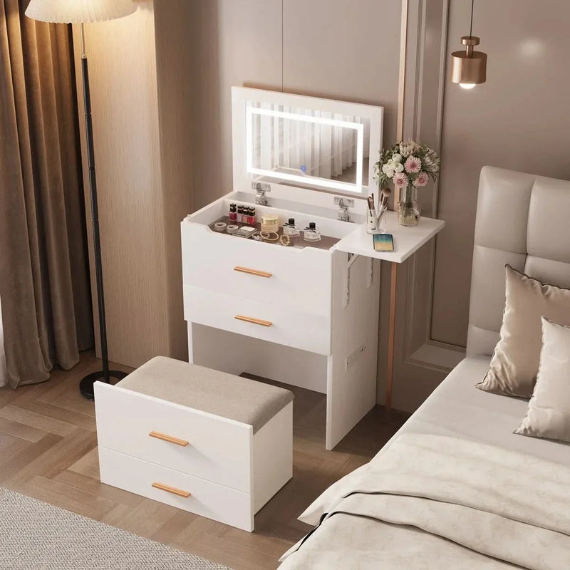3-in-1 Vanity Set with Glass Top, Power Outlet for Bedroom/Living Room,