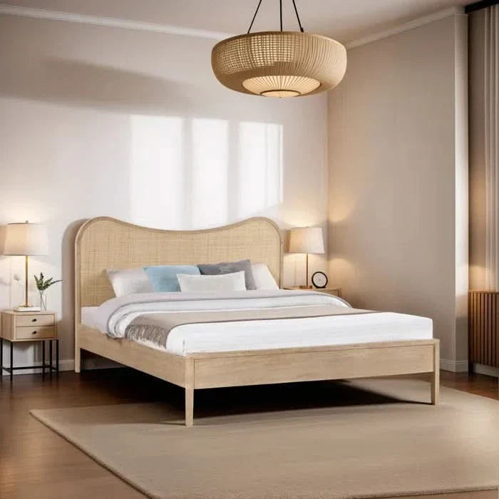 Solid Wood Cane Bed – Natural Rattan Panel with Sturdy Wooden Frame