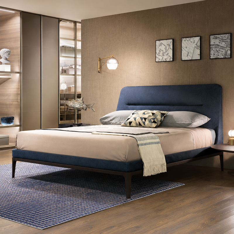 The Arvello Bed — Modern Blue Upholstered Bed with Wooden Base