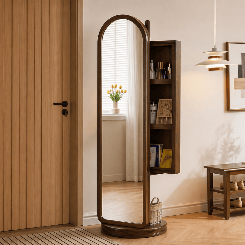 Arched Wooden Full-Length Mirror with Storage
