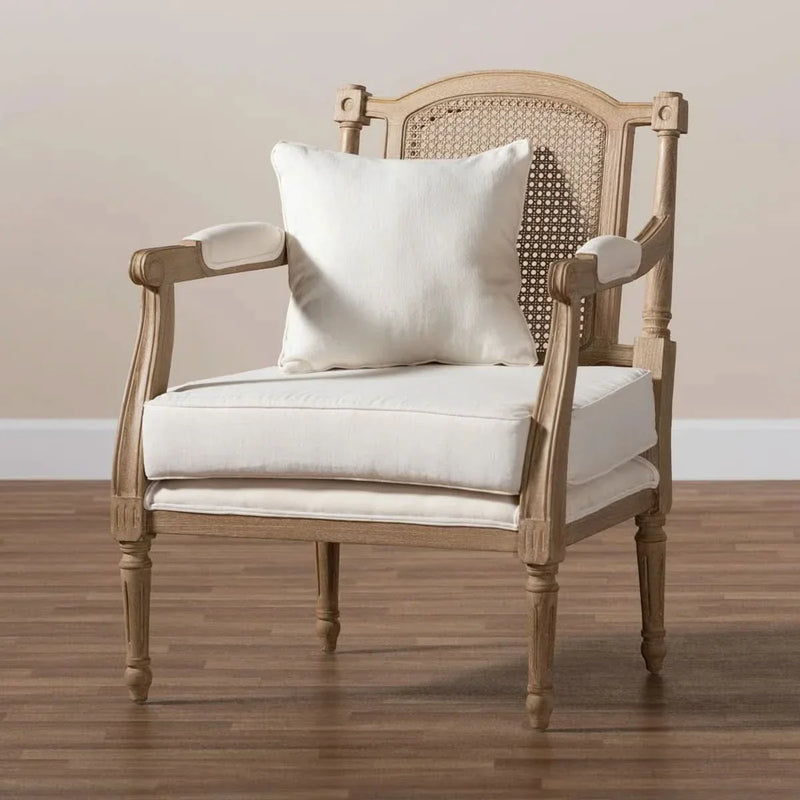 French Provincial Armchair – Whitewashed Wood with Upholstered Seat