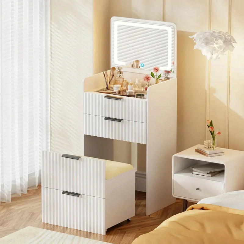Compact LED Vanity Desk with Flip Mirror & Hidden Storage