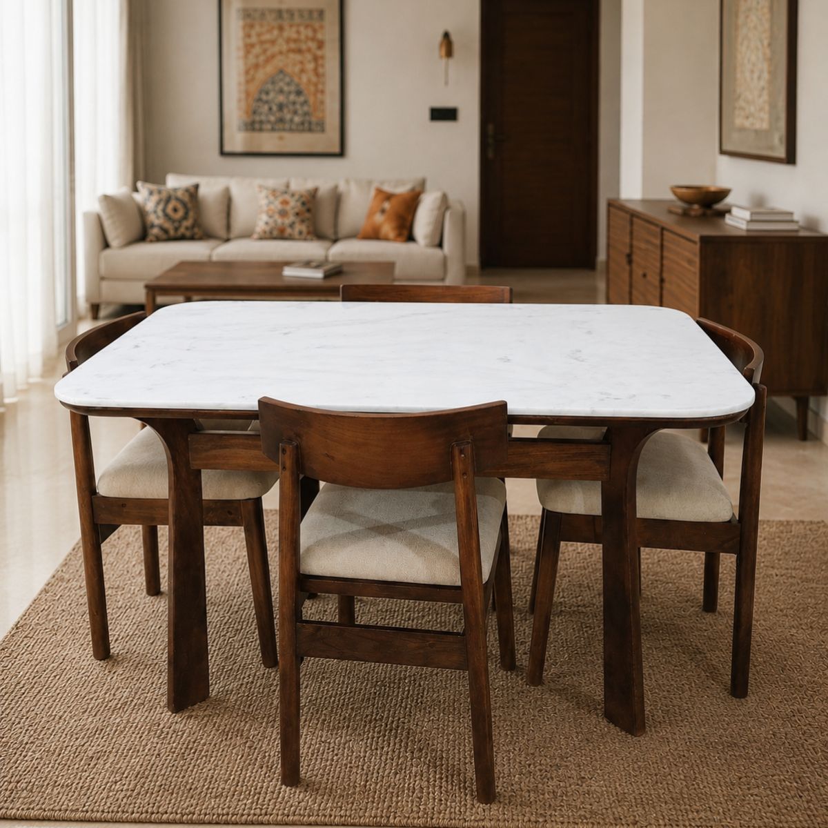 Panache Marble - Top Wooden Dining Table Set - Dining Set - Gharaana