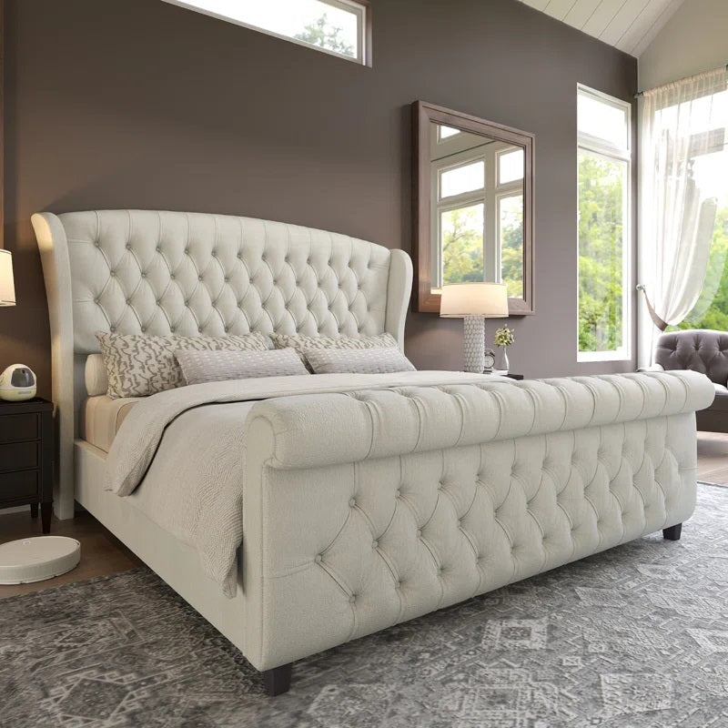 Wooden Empiro Upholstered Handmade Tufted Tall Bed Frame with Velvet Headboard, Tall Wing-Back, Without Storage