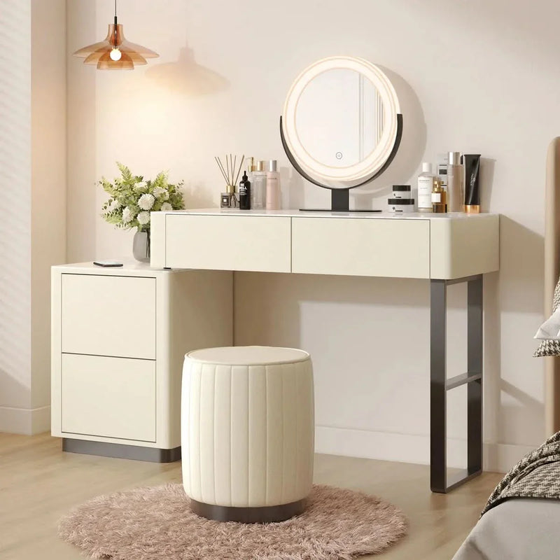 55.12'' W Solid Wood Makeup Vanity Set with Mirror and Stool Faux Leather