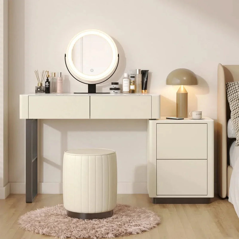 55.12'' W Solid Wood Makeup Vanity Set with Mirror and Stool Faux Leather
