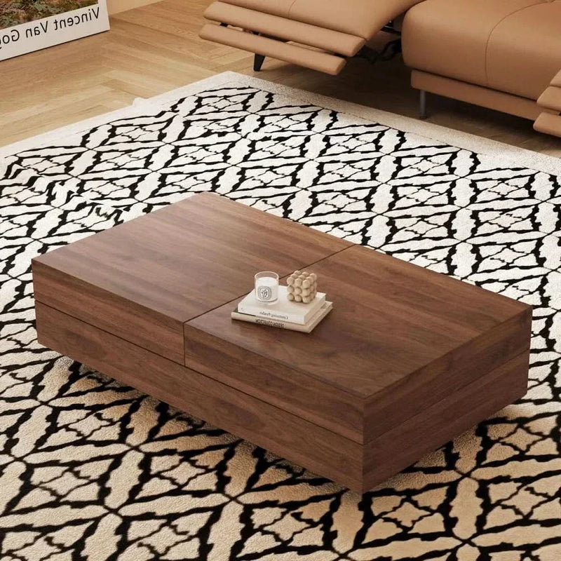Filpix Modern Walnut Rectangular Coffee Table with Sliding Top and Hidden Storage