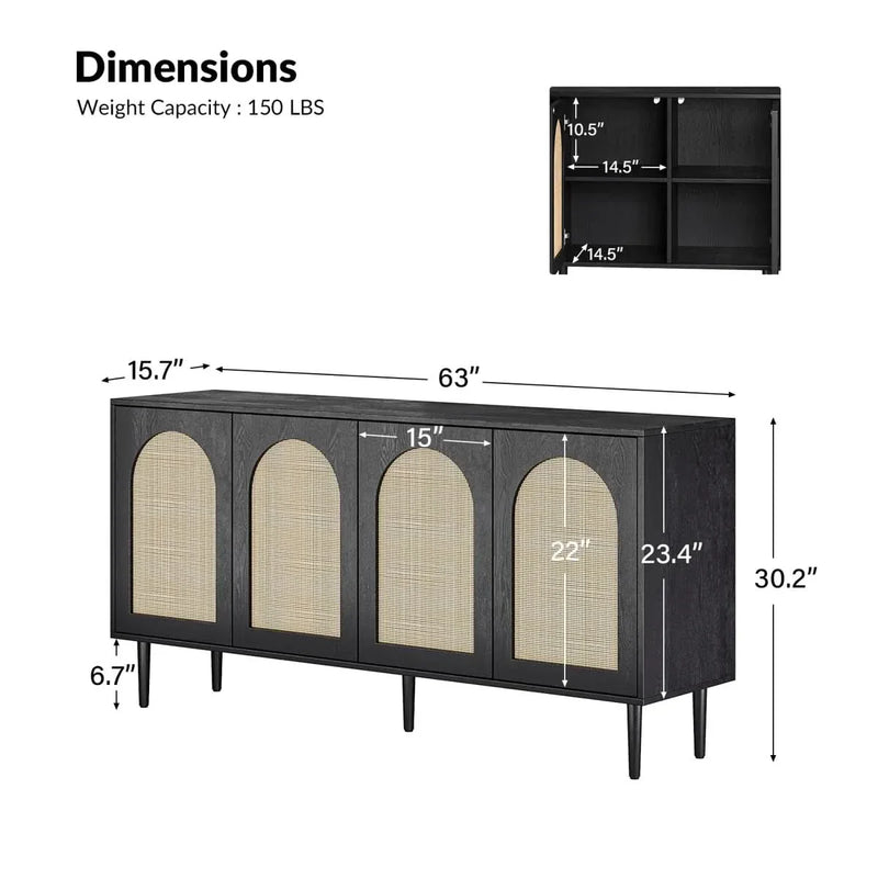 63" Wide Rattan Sideboard with Adjustable Shelves
