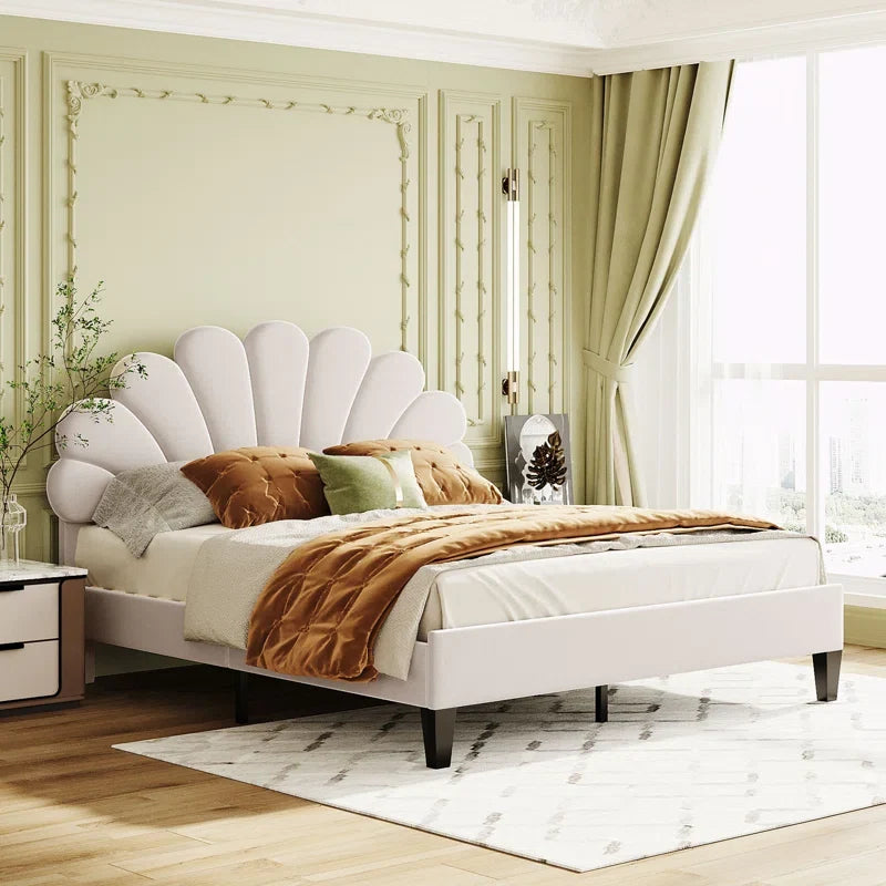 Wooden Empiro Upholstered Upholstered Panel Flower Design Bed Frame with Velvet Headboard, Without Storage