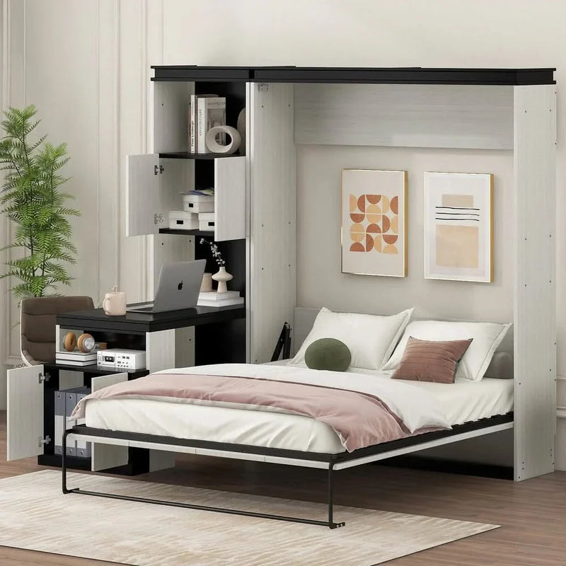 Foliding Wall Bed Full Murphy Bed Frame w/ Desk, Cabinets & Storage Shelves
