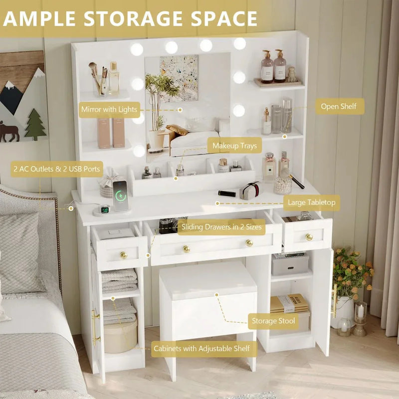 Vanity with Mirror and Stool Set with Lights