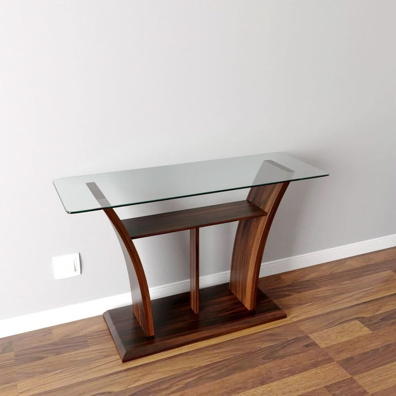 Viruppa Contemporary Cherry Glass Top T-shelf Sofa Table - Wooden Empiro