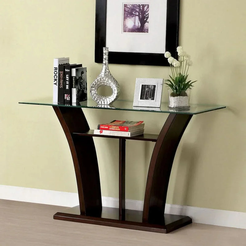 Viruppa Contemporary Cherry Glass Top T-shelf Sofa Table - Wooden Empiro