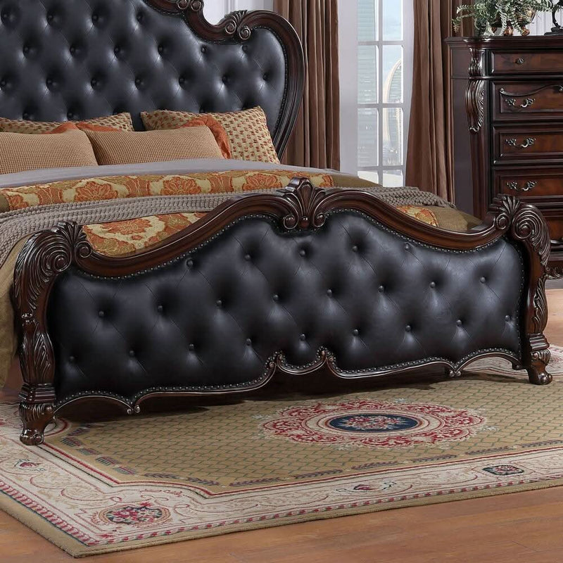 Traditional Solid Wood Panel Bed with Tufted Leatherette Headboard