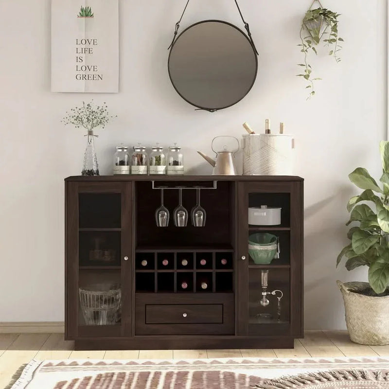 Rufiz Rustic Espresso 6-shelf Dining Buffet with Wine Rack - Wooden Empiro