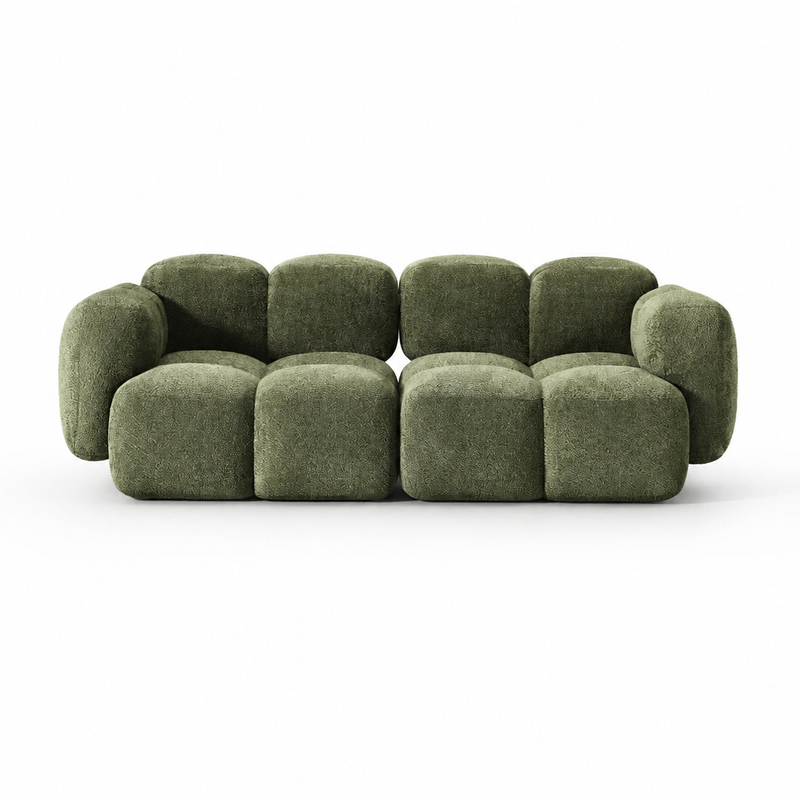 The Olivea Sofa — Curved Two-Seater, Dark Green Bouclé Upholstery