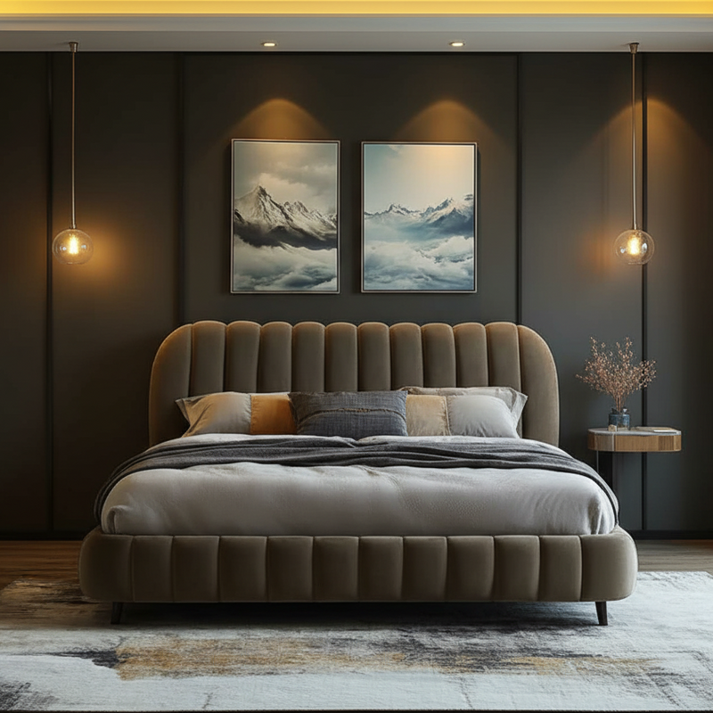 Wooden Empiro "Luxurious Velvet Upholstered Bed with Channel Tufted Headboard and Footboard"