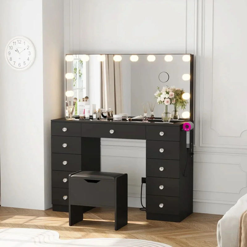 Vanity With 11 Drawers & Lighting Bulbs, Storage Stool & 10X Magnifying Mirror