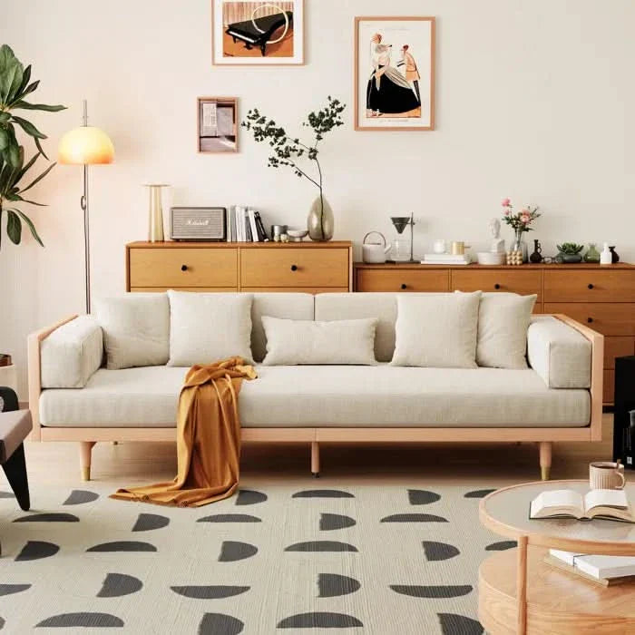 Square Arm Cotton Linen Fabric Sofa with Wooden Frame