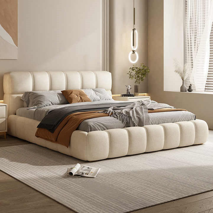 Wooden Empiro "Luxurious Cream Cotton Upholstered Platform Bed with Tufted Headboard and Footboard"