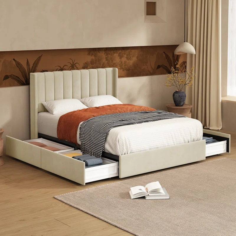 Wooden Empiro Solid Wood Bed Frame Upholstered Bed With Drawer Storage
