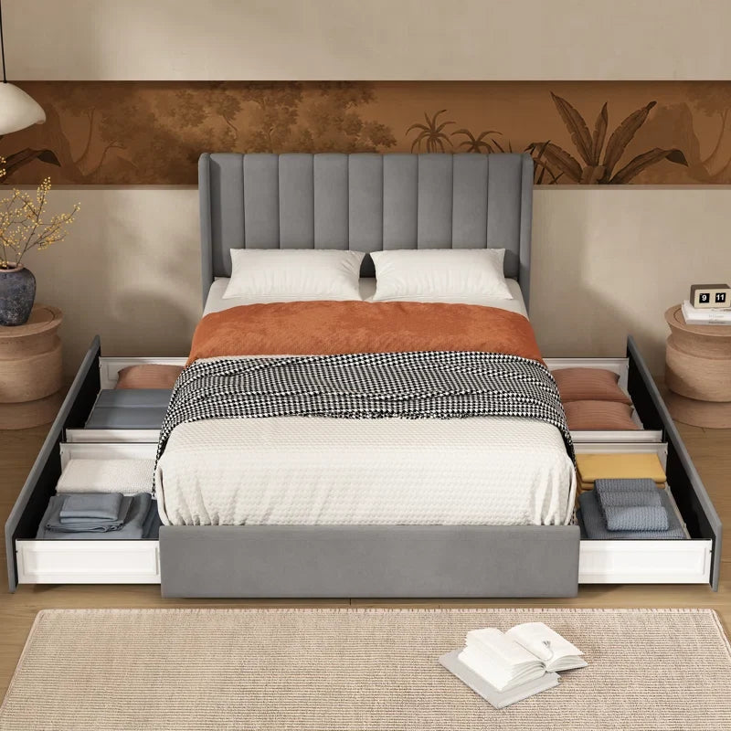 Wooden Empiro Solid Wood Bed Frame Upholstered Bed With Drawer Storage