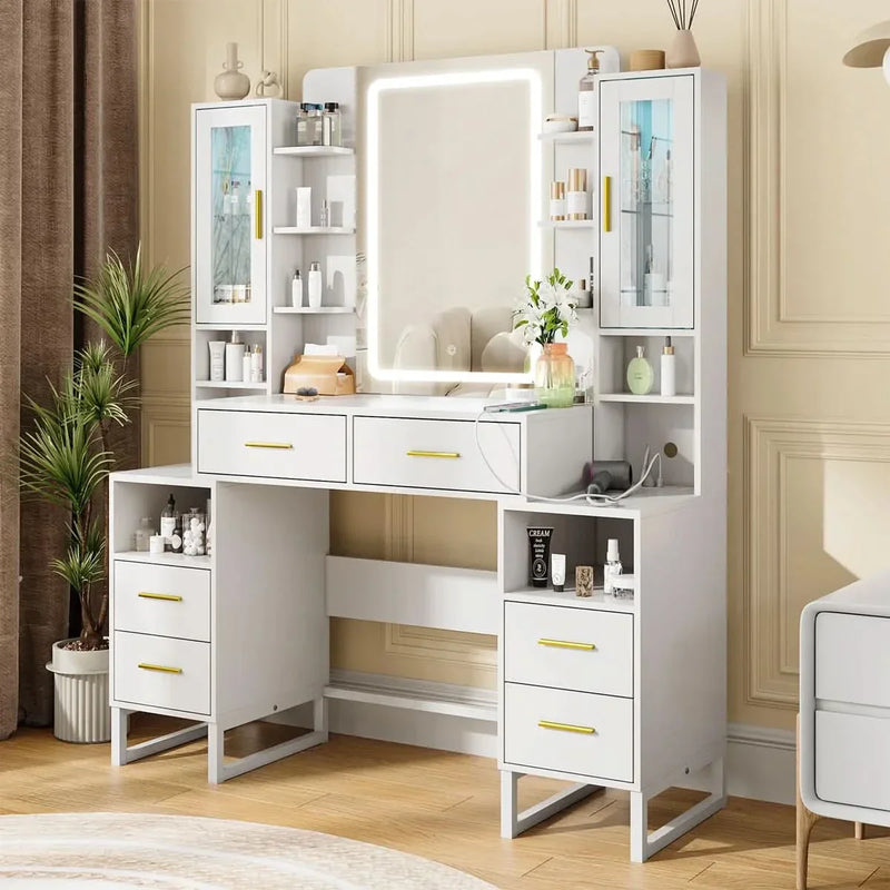 Large Makeup Vanity Desk With 2 Rgb Cabinets And Power Outlet