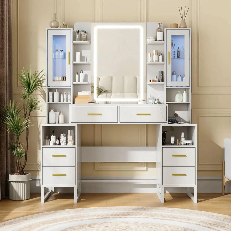 Large Makeup Vanity Desk With 2 Rgb Cabinets And Power Outlet