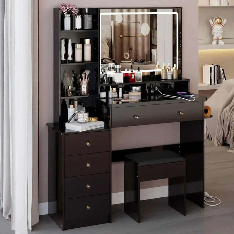 Bedside Vanity Table Set with LED Mirror, Power Station, Hair Dryer Stand & Stool