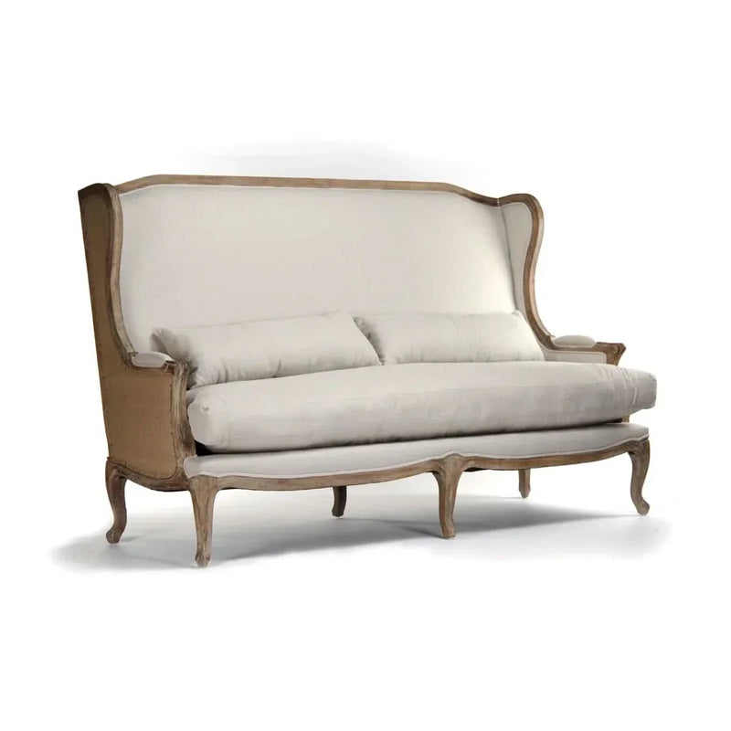Upholstered Sofa with Carved Wood Frame – Vintage Linen Elegance