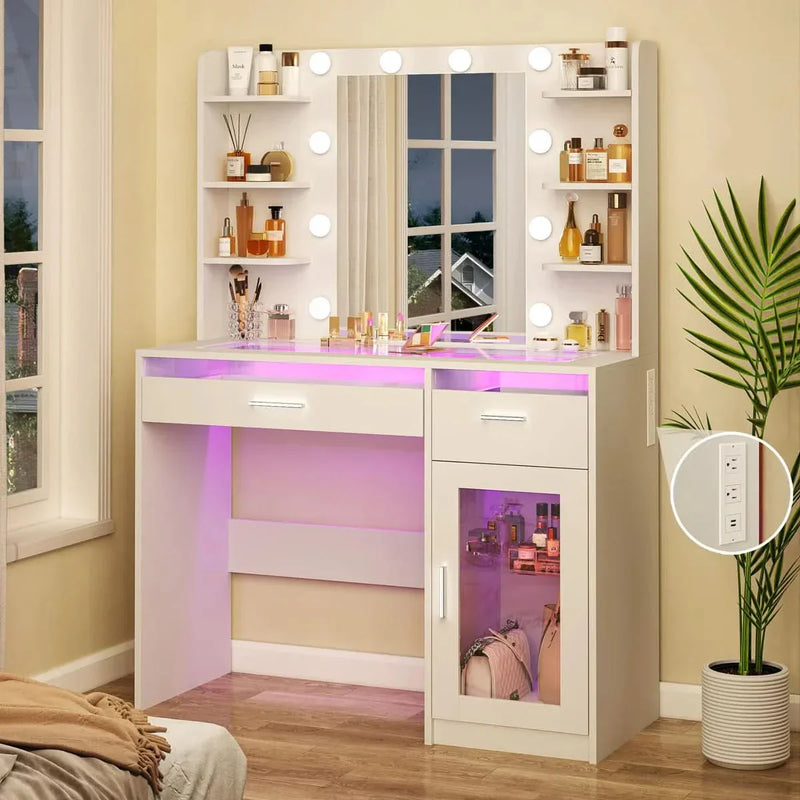 Makeup Vanity Desk With Lights, See-through Desktop, Power Outlet