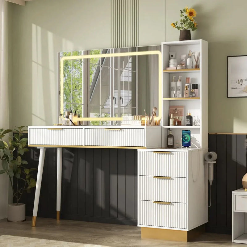 "48 Vanity Desk with 35" Large Lighted Mirror, 5 Drawers & Shelves