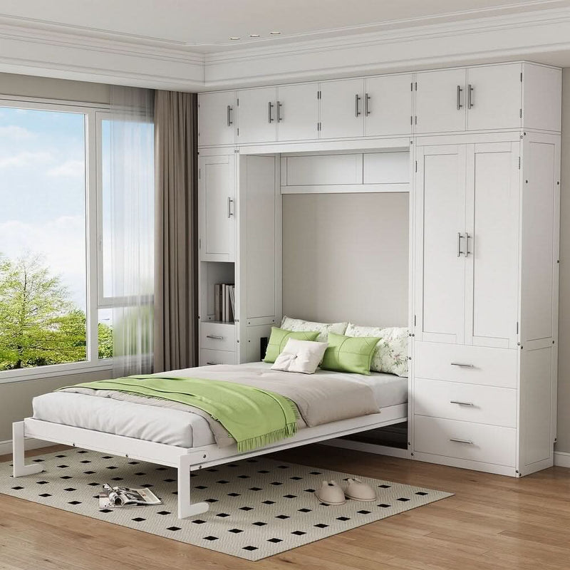 Kirooad Murphy Bed Cabinet White Foldable Hidden Wall Platform Storage Bed