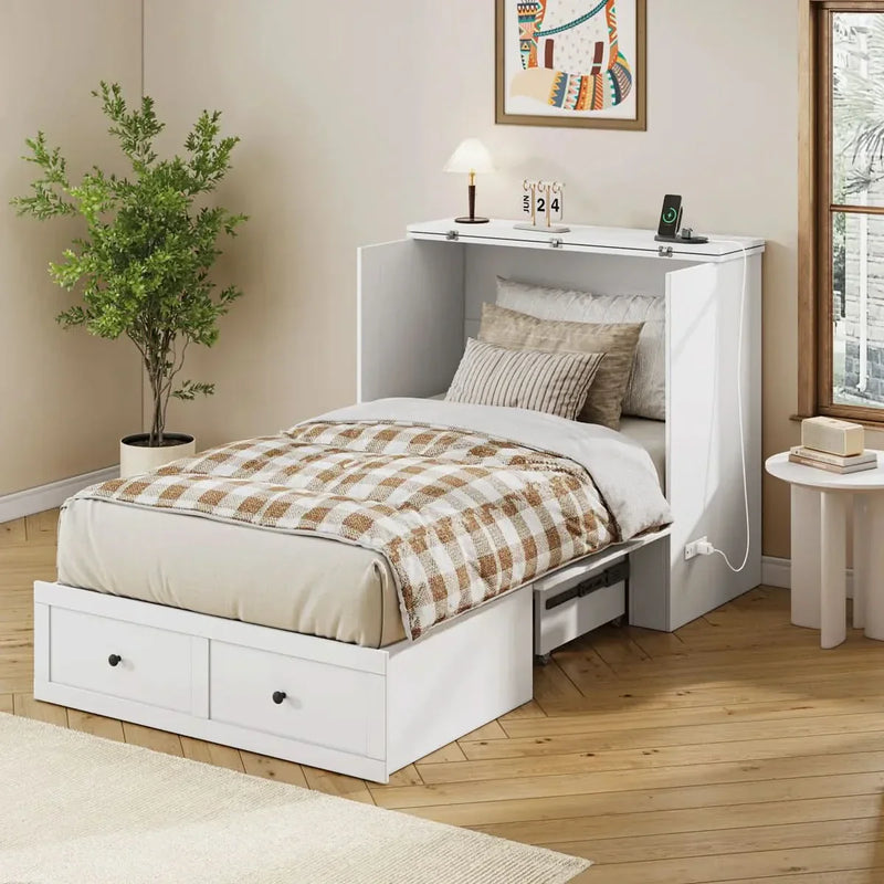 Murphy Bed With Storage And Built-in Charger - Wooden Empiro