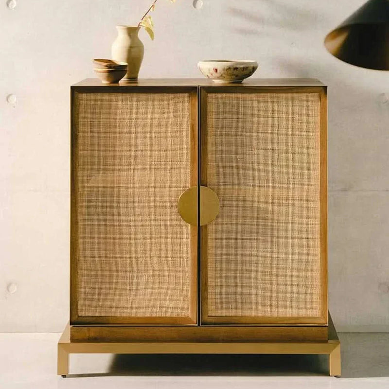 Eilly Mid-Century Modern Wooden Sideboard Cabinet with Cane Woven Doors and Brass Base