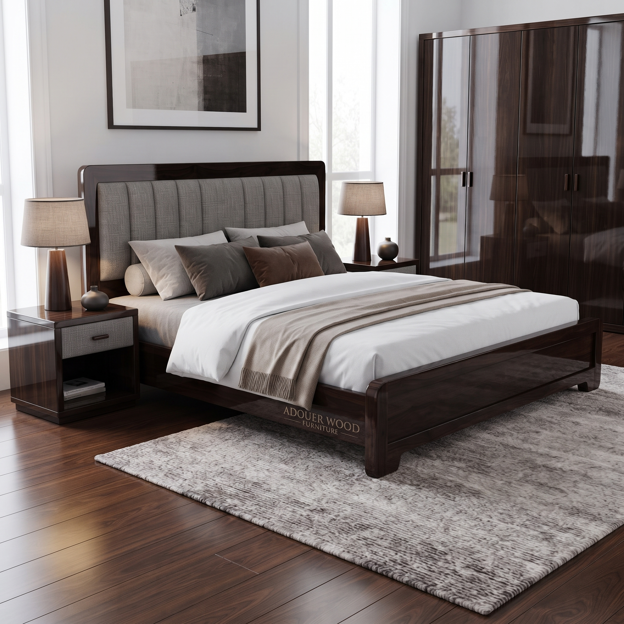 Wooden Empiro Modern Wooden Bed Frame with Gray Fabric Tufted Headboard & Wood Slats