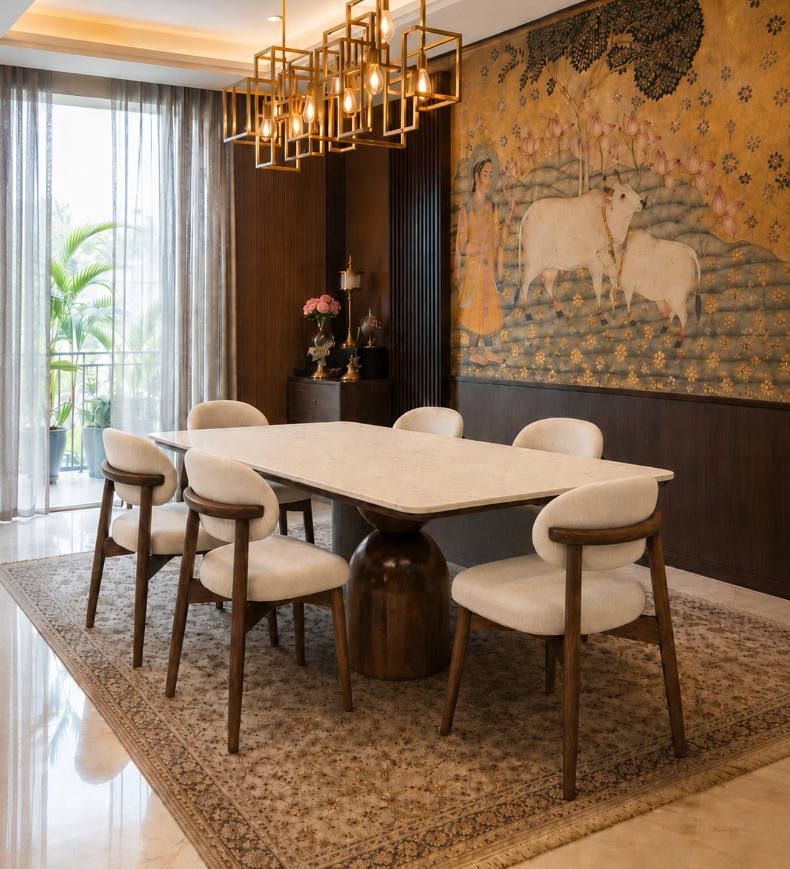 Adhira Marble-Top Wooden Dining Table Set - Dining Set - Gharaana