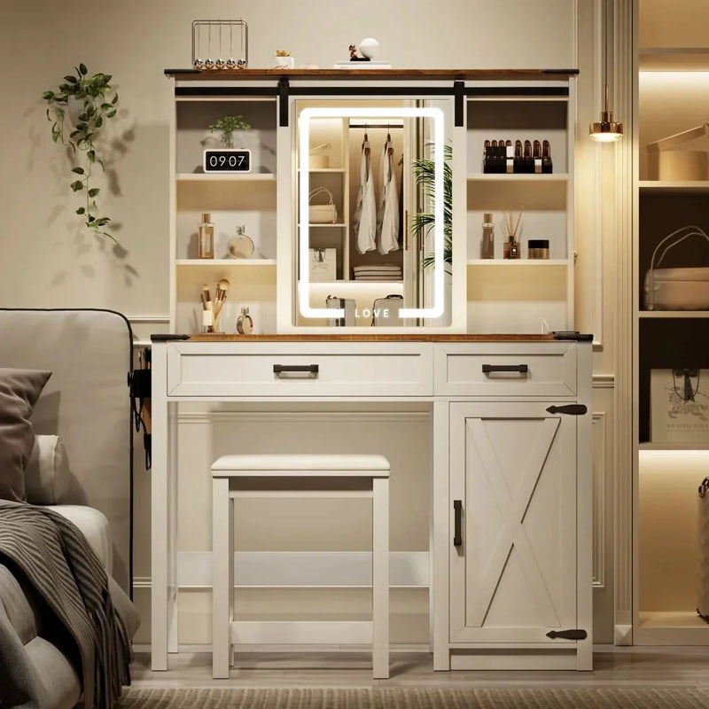 Makeup Vanity With Sliding LED Mirror and Outlets