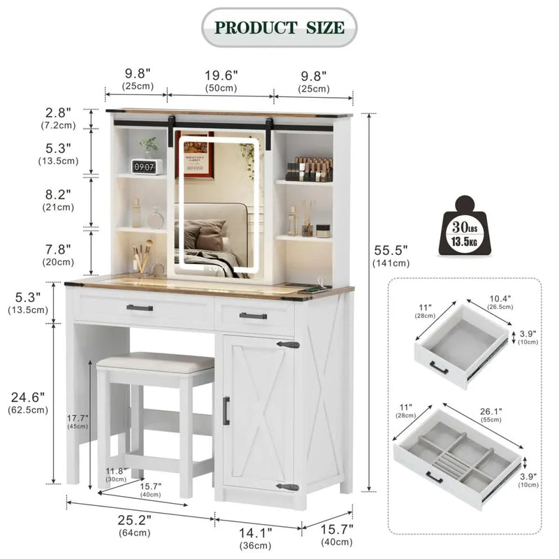 Makeup Vanity With Sliding LED Mirror and Outlets