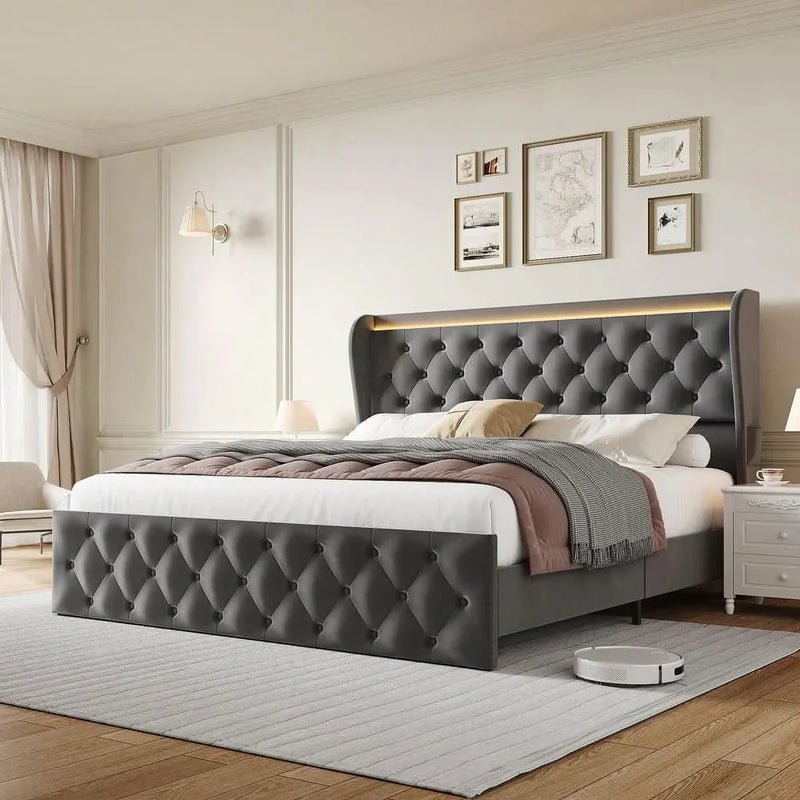 Gangix Queen Size Platform Bed Frame, Velvet Upholstered Bed with Deep Button Tufted & Wingback Headboard
