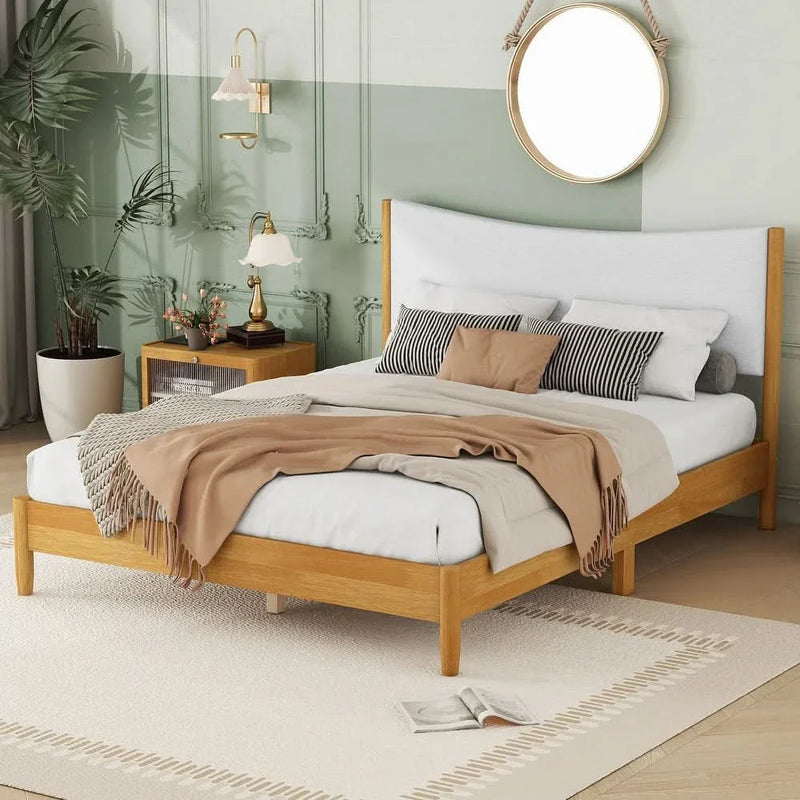 Queen Size Solid Wood Bed Frame with Velvet Cushion Headboard and Ample Underbed Storage for Master Bedrooms, Guest Rooms
