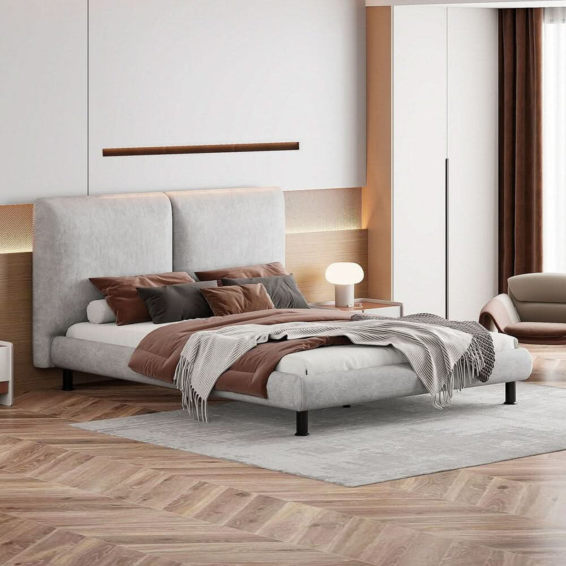 Queen Size Upholstered Platform Bed with Two Large Headrests and Thick Polyester Fabric for Master Bedrooms
