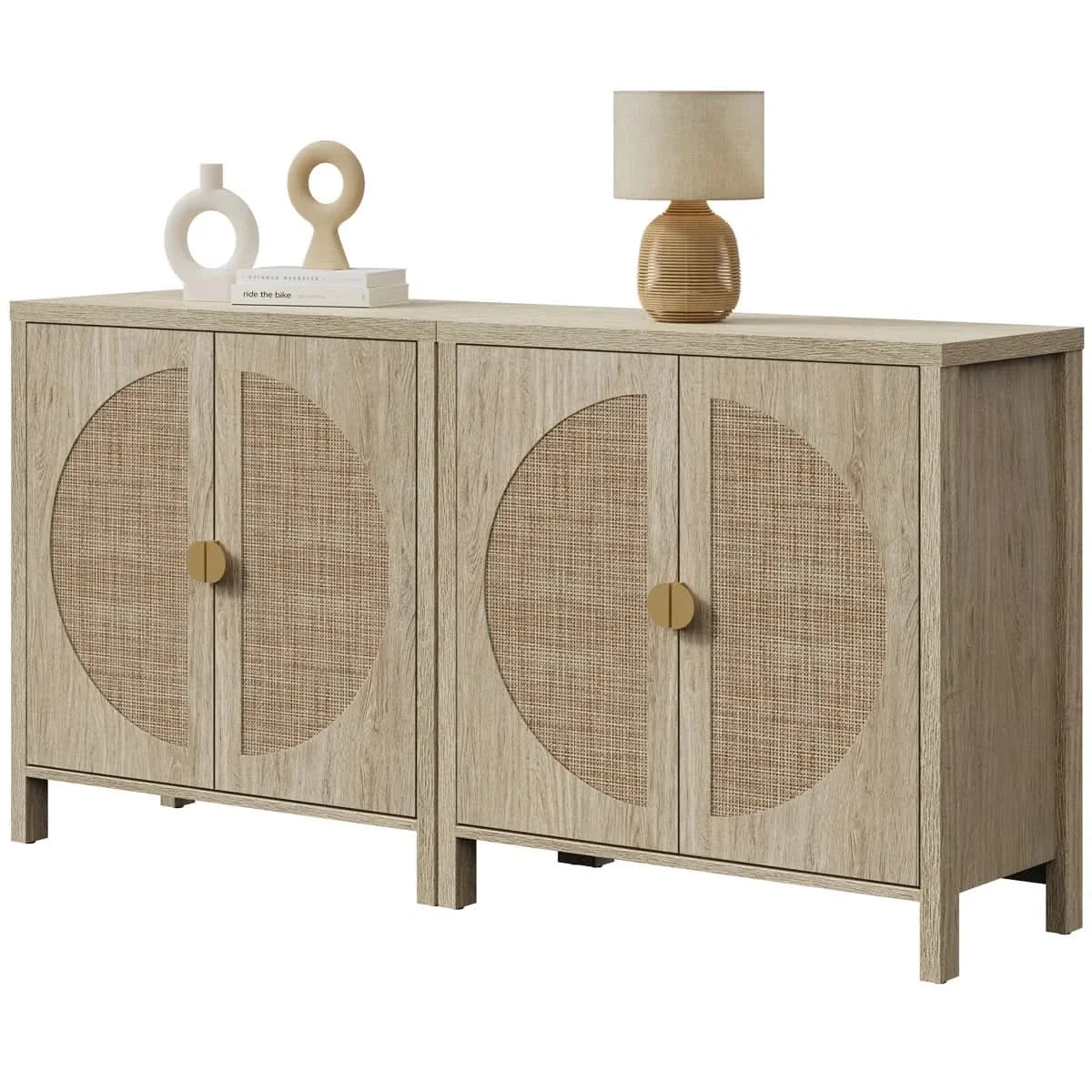 Set of 2 Rattan Sideboards – 2-Door Storage with Adjustable Shelves