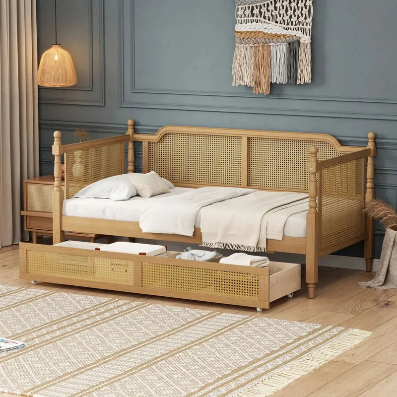 Curved Rattan Handcrafted Daybed, Large Storage Drawer with wheels